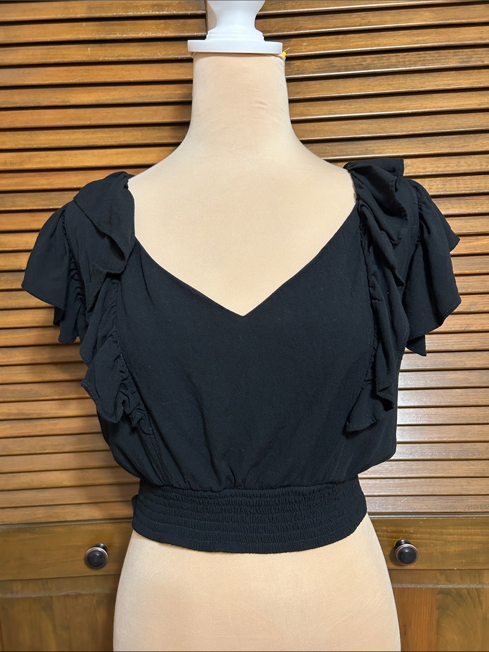 Express Black Ruffle V-Neck Flutter Sleeve Tie Back Top Size L